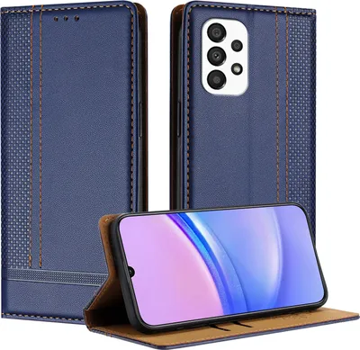 A blue leather flip case for a Samsung Galaxy A33 5G phone is displayed, showing the front cover, the back with the camera cutout, and the phone inside the case in a stand position.
