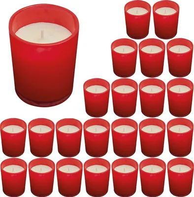 Produktbild von 25 x Rote Kerzen im Glas – Votivkerzen – Ø5,5 x 6,6 cm, Langanhaltende Wachs-Kerzen, Ideal für Dekorative Beleuchtung
