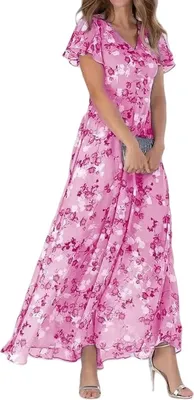 Produktbild von ASKSA Damen Sommerkleid Blumendruck Lang Ruesche Kurzarm V Ausschnitt Strandkleider Boho Beach Midikleid Freizeitkleid (Rosenrot,M)