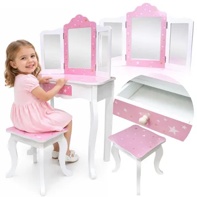 Produktbild von 4iQ Kinder-Schminktisch Sol aus Holz mit 3 Spiegeln und Hocker, Rosa/Weiß mit Sternen