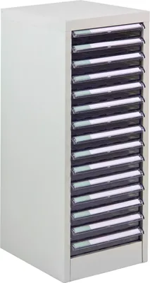A tall, narrow filing cabinet with 15 drawers is shown against a white background.
