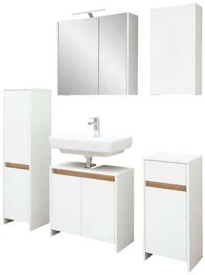 Produktbild von Badmöbel-Set, Quickset 100, Pelipal, Waschbeckenunterschrank, LED-Spiegelschrank, Hängeschrank, Unterschrank, Midischrank, Weiß
