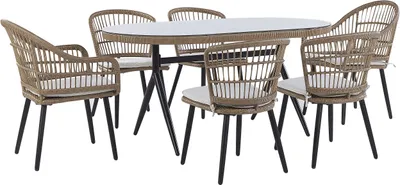 Produktbild von BELIANI Gartenset Beige Rattan Polyester 6-Sitzer Tischplatte aus Sicherheitsglas 6 Stühle mit Armlehnen schwarze Metalbeine Garten Terrasse Outdoor