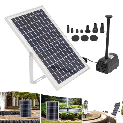 A collage of images showing a solar panel and water pump kit, with additional images of the kit in use in garden and fountain settings.