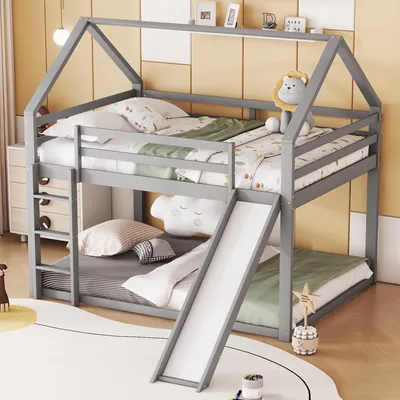 Produktbild von STILVORA Etagenbett 140x200Kinderbett Jugendbett mit Rutsche und Treppe,Hausbett aus massiver Kiefer,Grau (ohne Matratze)