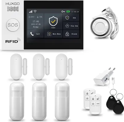 Produktbild von HUXGO HXA007 Alarmanlage Haus WiFi + GSM 4G mit Sirene, Alarm System mit 3x Bewegungssensor und 3x Tür- Fenstersensor, Alarmanlage für Wohnung, Haus, Garage, Tuya Smartlife App