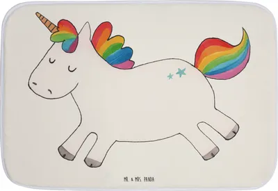 Produktbild von Mr. & Mrs. Panda Badezimmerteppich Einhorn Happy - Weiß - Geschenk, Lebensfreude, Badvorleger, Badematte, Unicorn, Freude, Einhörner, Witzig, Badläufer, Badteppich