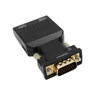 A black and gold adapter with text labels, isolated on a white background.