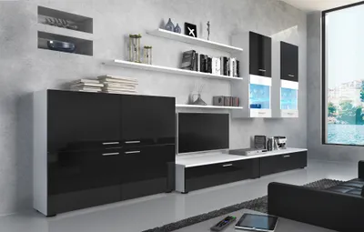 Produktbild von TV-Schränke, Wohnwand, Wohnzimmerschrank mit LEDs, weiß matt und schwarz lackiert