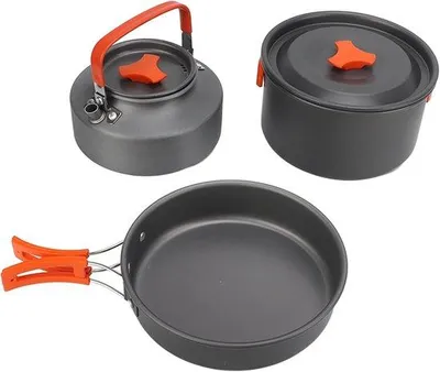 Produktbild von Campingkochset 3-teilig Aluminium Orangerunde Handgriffe