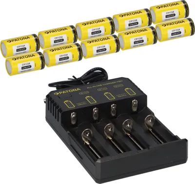 Immagine prodotto di 10x PATONA Batteria agli ioni di litio 3,7V CR123A 700mAh 2,59Wh + caricabatterie