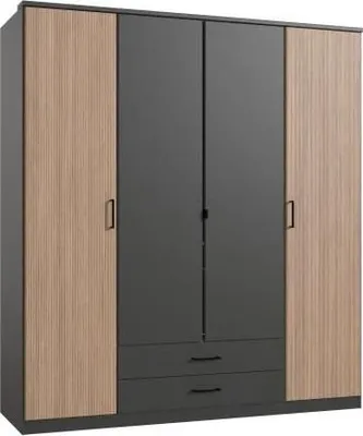 Image de Armoire de chambre à coucher - AGIA - Graphite - 4 portes battantes - 2 tiroirs - 180 x 58 x 199 cm