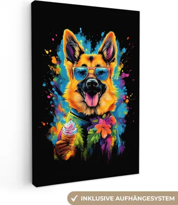 Produktbild von MuchoWow® - Leinwandbilder - Graffiti - Sommer - Hund - Tier, Wandbild, Wanddeko Bilder Wohnzimmer, 60x90 cm