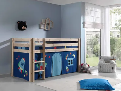 Produktbild von Vipack Spielbett Pino, Liegefläche 90x200 cm mit Textilset Vorhang "Astro"