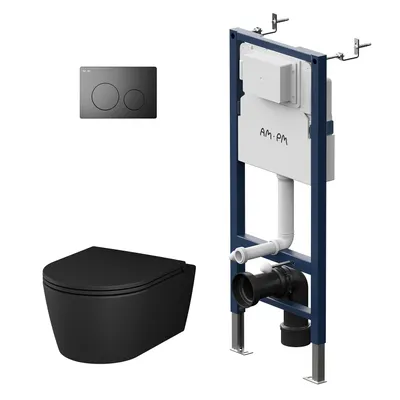 Produktbild von AM.PM Wand-WC spülrandlos Set Schwarz mit Vorwandelement Komplettset Unterputz Spülkasten Tiefspül Unterputzspülkasten Schüssel Drückerplatte
