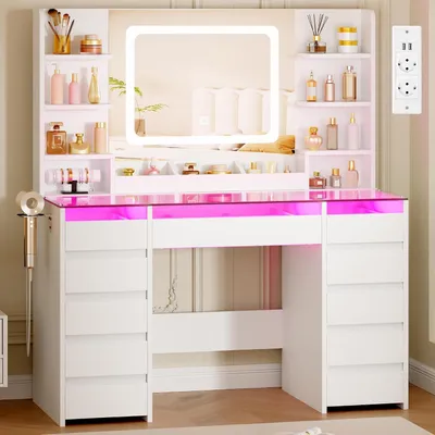 Immagine prodotto di Comò con specchio - Tavolino da trucco - Organizzatore per trucchi - Con illuminazione RGB - Larghezza 110 cm - Bianco