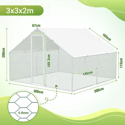 Produktbild von Faziango 3x3 x2 mHühnerstall Tiergehege Freilaufgehege Tierlaufstall mit PE-Schattendach, Verzinkter Stahlrahmen, Außenzaun Verwendet für Hühner, Geflügelställe, Kleintiere