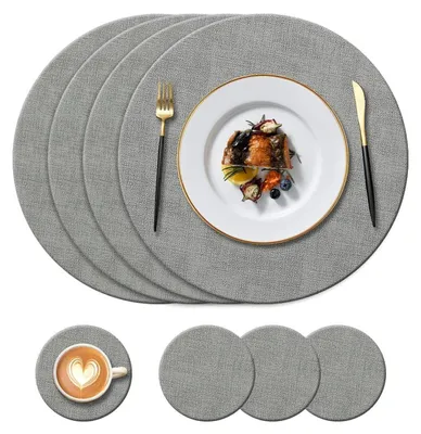 Immagine prodotto di Set di 4 sottopiatti e sottobicchieri grigi, effetto pelle, dimensioni 34 cm e 10 cm