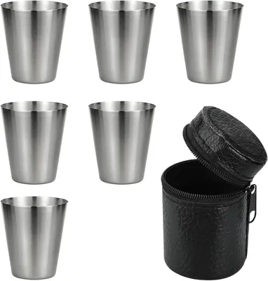 Image de Gobelets en acier inoxydable, lot de 6, capacité de 30 ml, avec sac de transport, pour une utilisation en extérieur et en camping