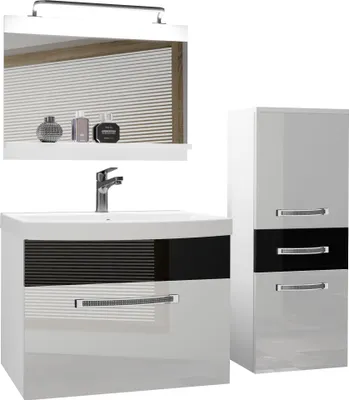 Produktbild von BELINI Badmöbel Vollausstattung Set Waschbeckenschrank, kleiner Schrank, Waschbecken, Spiegel, Lampe (Weiß/ Schwarz, Glänzend)