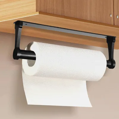 Produktbild von Küchenrollenhalter ohne Bohren | Papierrollenhalter Wand | Küchenpapierhalter unter Schrank | Rollenhalter selbstklebend oder Bohrbar | Küche Bad Aufbewahrung & Organisation | Aluminium Schwarz