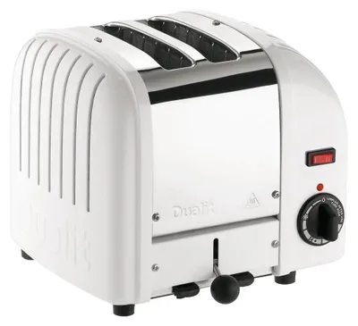 A white Dualit toaster on a white background.
