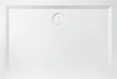 A top-down view of a white rectangular shower tray with a drain in the center.