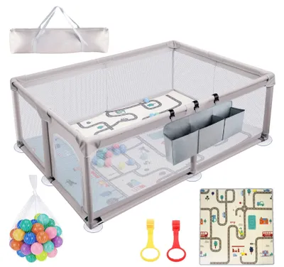 Produktbild von Laufstall Baby 120x180cm, Laufgitter Baby mit Matratze und Seitliche Aufbewahrungshängetasche 50 Bälle Bunt, Playpen aus 600D Oxford Gewebe, Grau