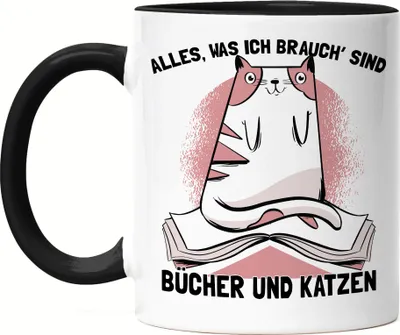 Produktbild von Alles was ich brauch sind Bücher und Katzen Tasse schwarz Katzenliebhaber Tierfreunde Lesen Bücher süßes Katzenmotiv