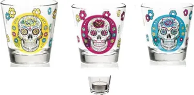 Produktbild von Totenkopf - Skull ALS Trinkglas 250cc oder auch für Teelichter geeignet 3 Set in 3 Farben Er schimmert durch ihren Metallic-Look.