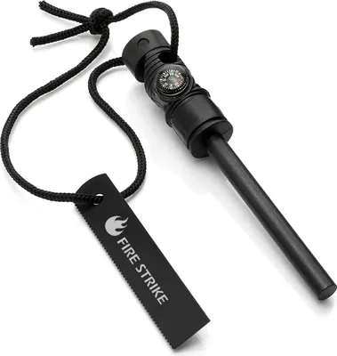 Produktbild von Jumada's – Ultimatives Überlebenswerkzeug: Fire Strike Magnesiumstab mit Kompass – Funkenmacher – Schwarzer Magnesiumstab – 3-in-1-Feuerstarter und Zünder
