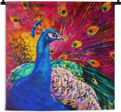 Produktbild von MuchoWow® Wandteppich Wandbehang Gemälde - Vogel - Pfau - Ölgemälde 60x60 cm Tapisserie Dekoration Wandtuch - Dekorationen - Wand Decke