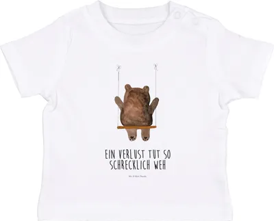 Produktbild von Mr. & Mrs. Panda Organic Baby Shirt Bär Schaukel 12. - 18. Monat - Weiß - Geschenk, Verlust Trauer Trauergeschenk Traurig Trösten Trost Liebeskummer Liebe Verliebt, Teddy