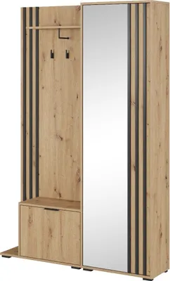 Produktbild von Garderobe- set NELLY, Wandgarderobe mit Spiegel, Schuhschrank, Kleiderhänger, Kleiderschrank, Eiche Artisan mit Schwarze Lamellen