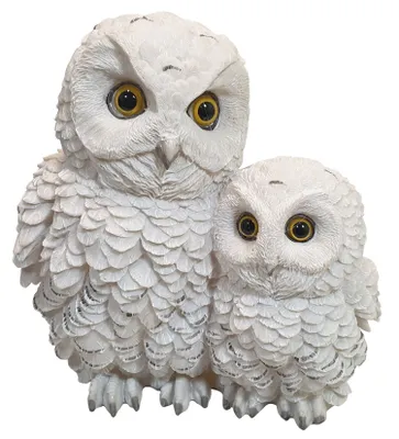 Produktbild von 2 weiße Schnee-Eulen Dekofigur Vogel Eule mit Kind Tierfigur Greifvogel Garten