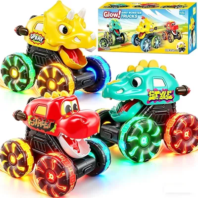 Imagen del producto de Juego de 3 camiones monstruo, temática de dinosaurios, con ruedas LED, para niños