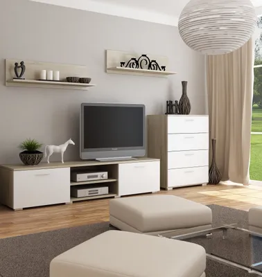 Zdjęcie produktu dla Meblościanka dąb sonoma - biała, Meble do salonu, Zestaw mebli do pokoju, Komplet, Nowoczesne meble, komoda, rtv, półki