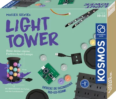 The image shows the packaging of a 'Light Tower' experimenter kit, featuring various components and colorful lights.