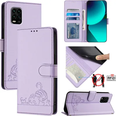 Produktbild von Leder Hülle für Xiaomi Mi 10 Lite 5G Süße Katze Flip Case Brieftasche Schutzhülle mit Standfunktion Lila