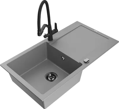 Produktbild von Mexen Leo 1 Becken-Granitspüle mit Abtropffläche und Mischbatterie Duo, Grau - 6501-71-671701-70-B
