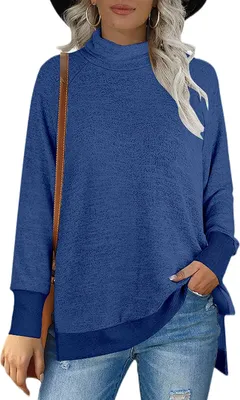 Produktbild von ASKSA Damen Rollkragen Sweatshirts Color Block Seitenschlitz Bluse Lässige Winter Langarmshirt, Blau, M