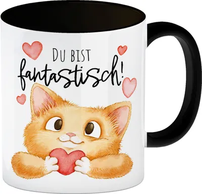 Produktbild von Katze Kaffeebecher in schwarz mit Spruch Du bist fantastisch