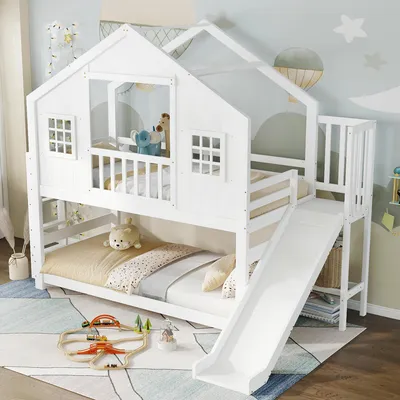 Image de OKWISH Lit Superposé Enfant 90x200 cm - Lit Cabane avec Fenêtres et Toit, Toboggan et Échelle, Bois Blanc, Sans Matelas