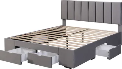 Immagine prodotto di okwish Polsterbett Letto per bambini 160x200 cm, Letto matrimoniale con rete, con schienale, con 4 cassetti, con materasso, grigio