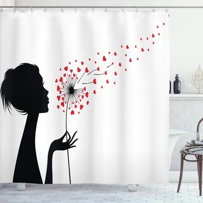 Obrázek produktu pro ABAKUHAUS Sprchový závěs s motivem pampelišek, silueta ženy s pampeliškovým srdcem, Valentýnský den, 175 x 200 cm, vermilionová, černá, bílá