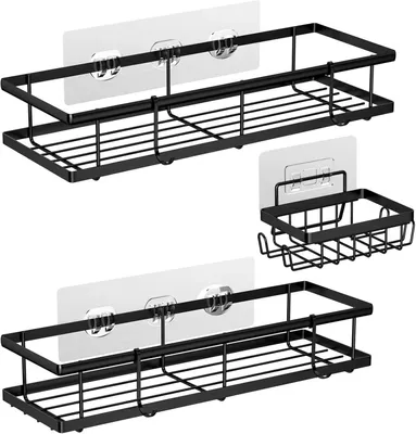 Productafbeelding van Doucheplanken - Set van 3 - Roestvrij - Zonder boren - Met 4 haken - Badkamerrek zonder schroeven - Planken voor badkamer - Keuken - Toilet (zwart)