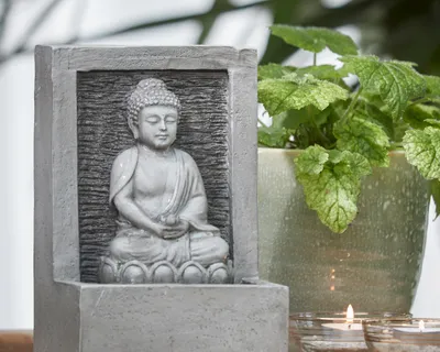 Produktbild von Tischbrunnen Zimmerbrunnen Buddha Kunststein 23cm 1 Stück sortiert