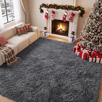 Obrázek produktu pro Koberec s vysokým vlasem, vhodný do obývacího pokoje nebo ložnice, běhoun, šedá barva, rozměry 200x300 cm