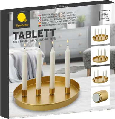 Produktbild von Tablett mit 4 Magnet Kerzenhaltern - ca. Ø 30 cm - Kerzen Tablett in gold
