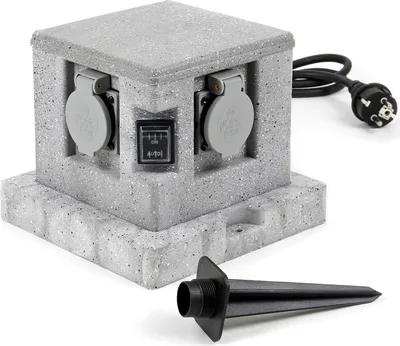 Gartensteckdose 4fach in Granitoptik, IP44, Außensteckdose mit Sensor für Dämmerung und 1,5m Kabel